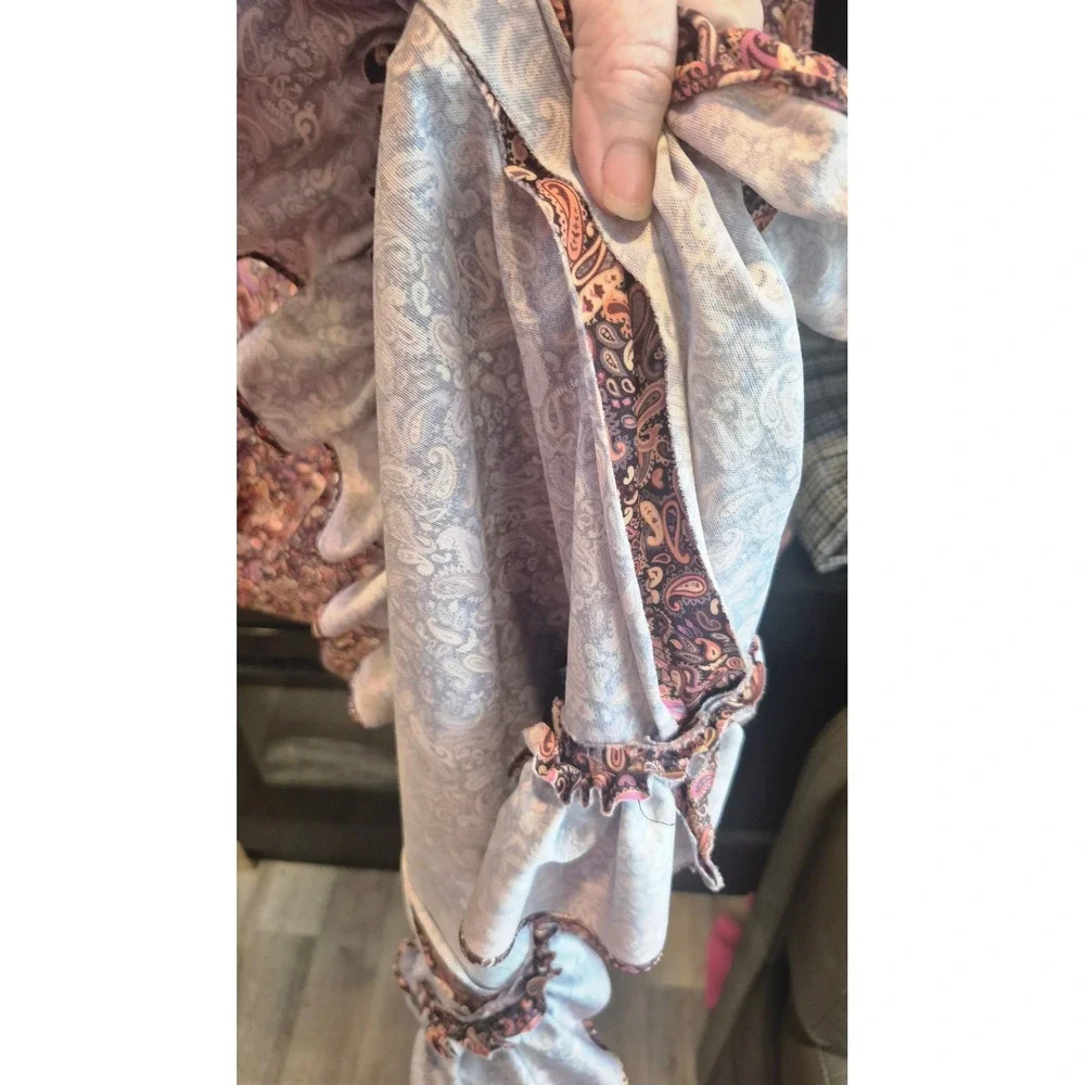 Handmade Vintage Paisley Print Long Sleeve‎ Midi Dress Ruffle Hem Mauve Purple M